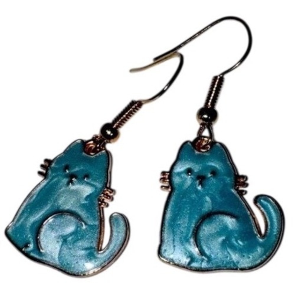 Cute Blue Cat Dangle Earrings‎ Kitten Kitty Animal Lover Jewelry New